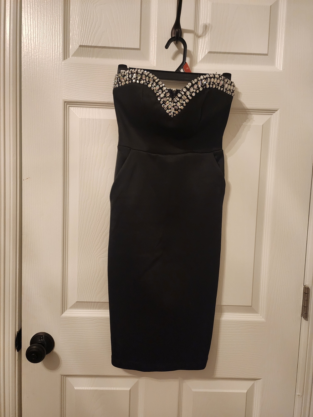 B Darlin Strapless Black Dress with Crystal Embellished Sweetheart Neckline